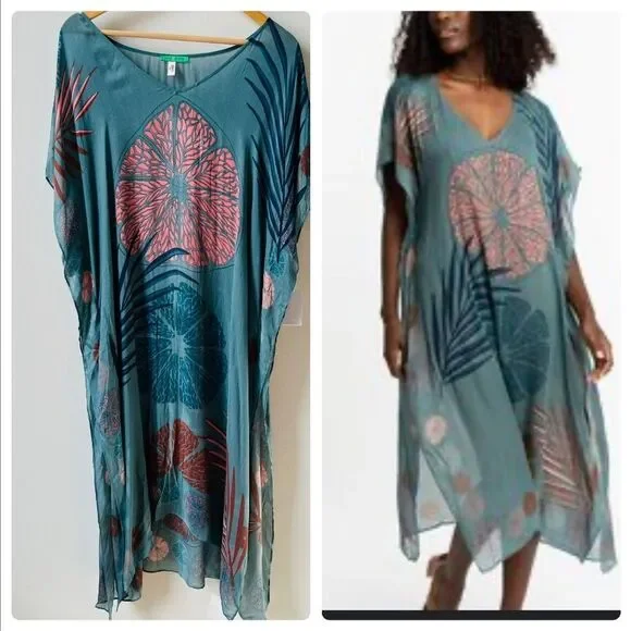 GYAL BASHY - CATANO PRINTED MUMU COVER UP - NAVY PALMS ONE SIZE - Picture 1 of 4
